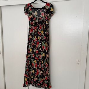 RIXO Black Maxi Dress with Red & Yellow Floral Print